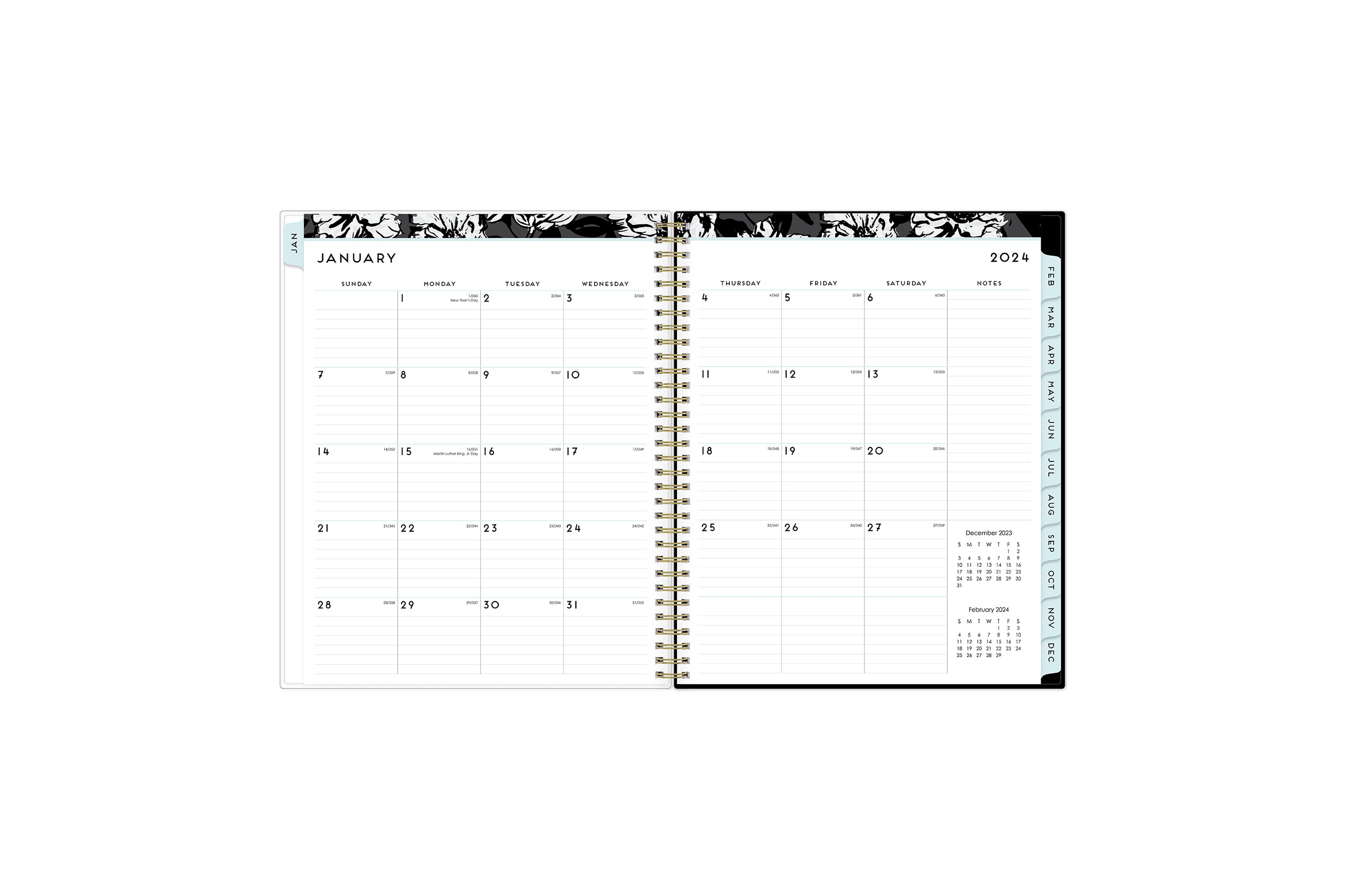2024 weekly monthly planner featuring a monthly view with lined writing space for each date, reference calendars, and light blue monthly tabs