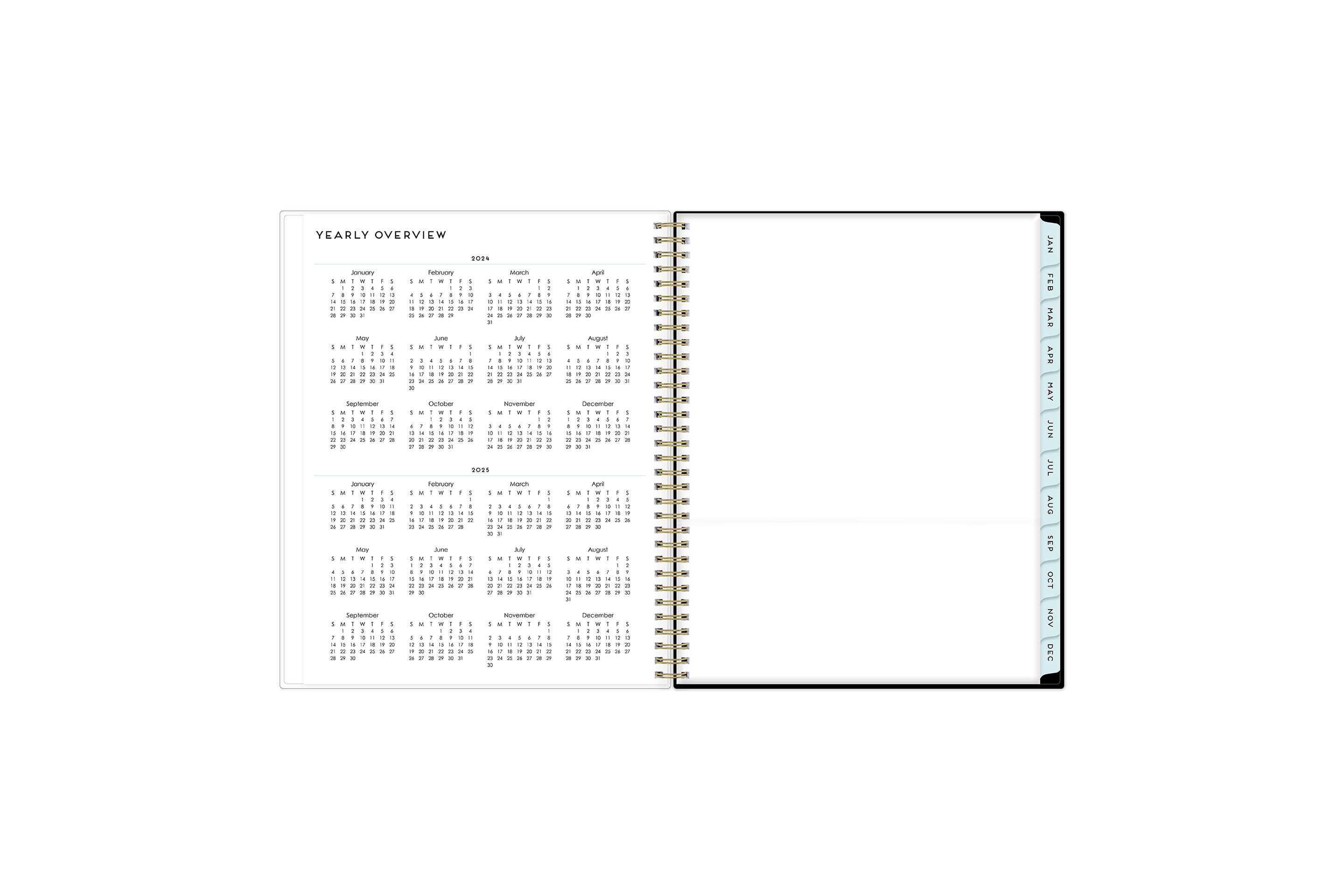 2024 and 2025 yearly overview on the 8.5x11 weekly monthly planner featuring blue monthly tabs, yearly goals, notes, and contact information.