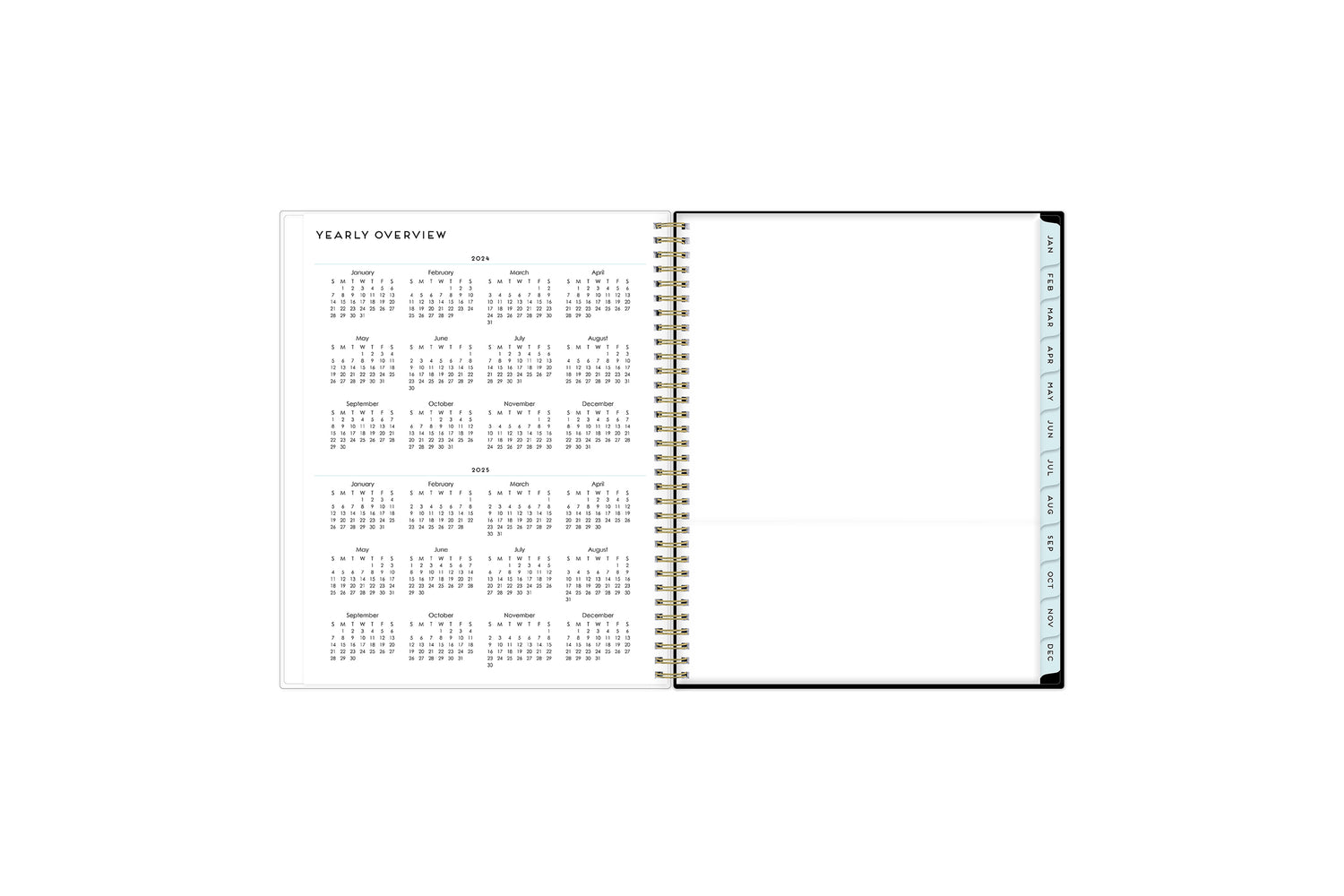 2024 and 2025 yearly overview on the 8.5x11 weekly monthly planner featuring blue monthly tabs, yearly goals, notes, and contact information.