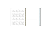 2024 and 2025 yearly overview on the 8.5x11 weekly monthly planner featuring blue monthly tabs, yearly goals, notes, and contact information.