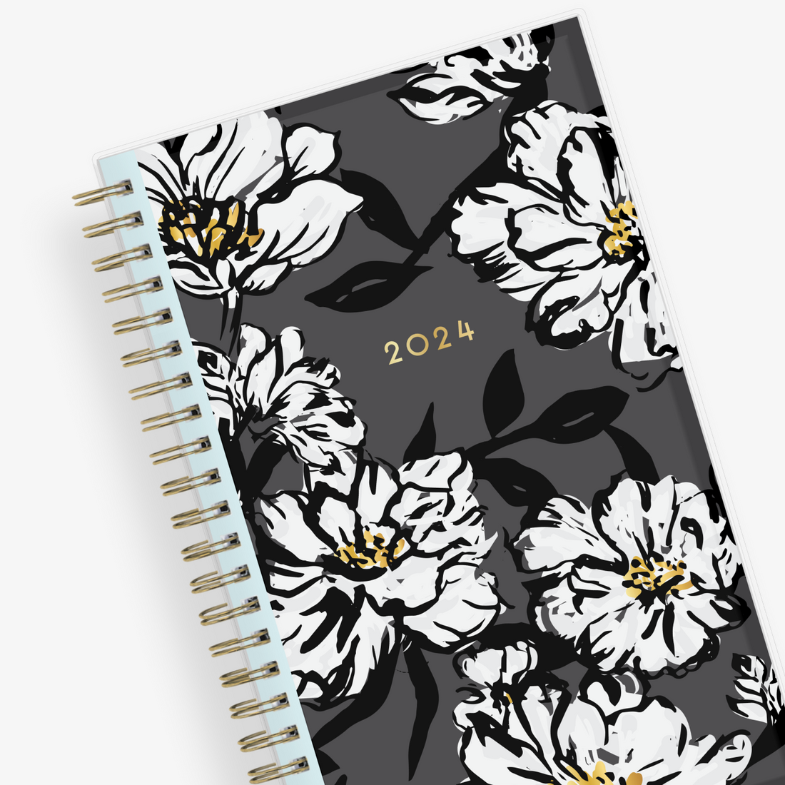 5x8 weekly monthly planner for January 2024 - December 2024 new year featuring silver twin wire-o binding, black/gray background, white florals and gold accents