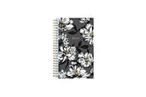 5x8 weekly monthly planner for January 2024 - December 2024 new year featuring silver twin wire-o binding, black/gray background, white florals and gold accents