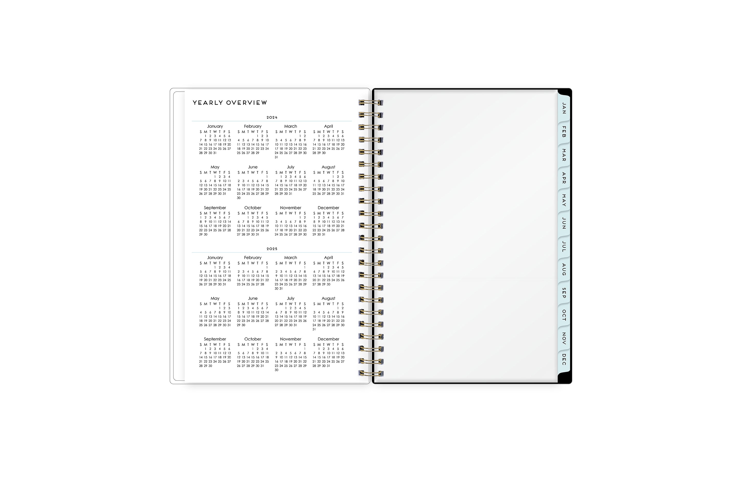 2024 and 2025 yearly overview on the 5x8 weekly monthly planner featuring blue monthly tabs, yearly goals, notes, and contact information.