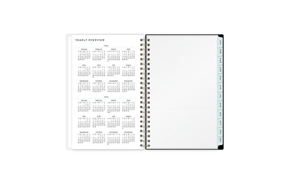 2024 and 2025 yearly overview on the 5x8 weekly monthly planner featuring blue monthly tabs, yearly goals, notes, and contact information.