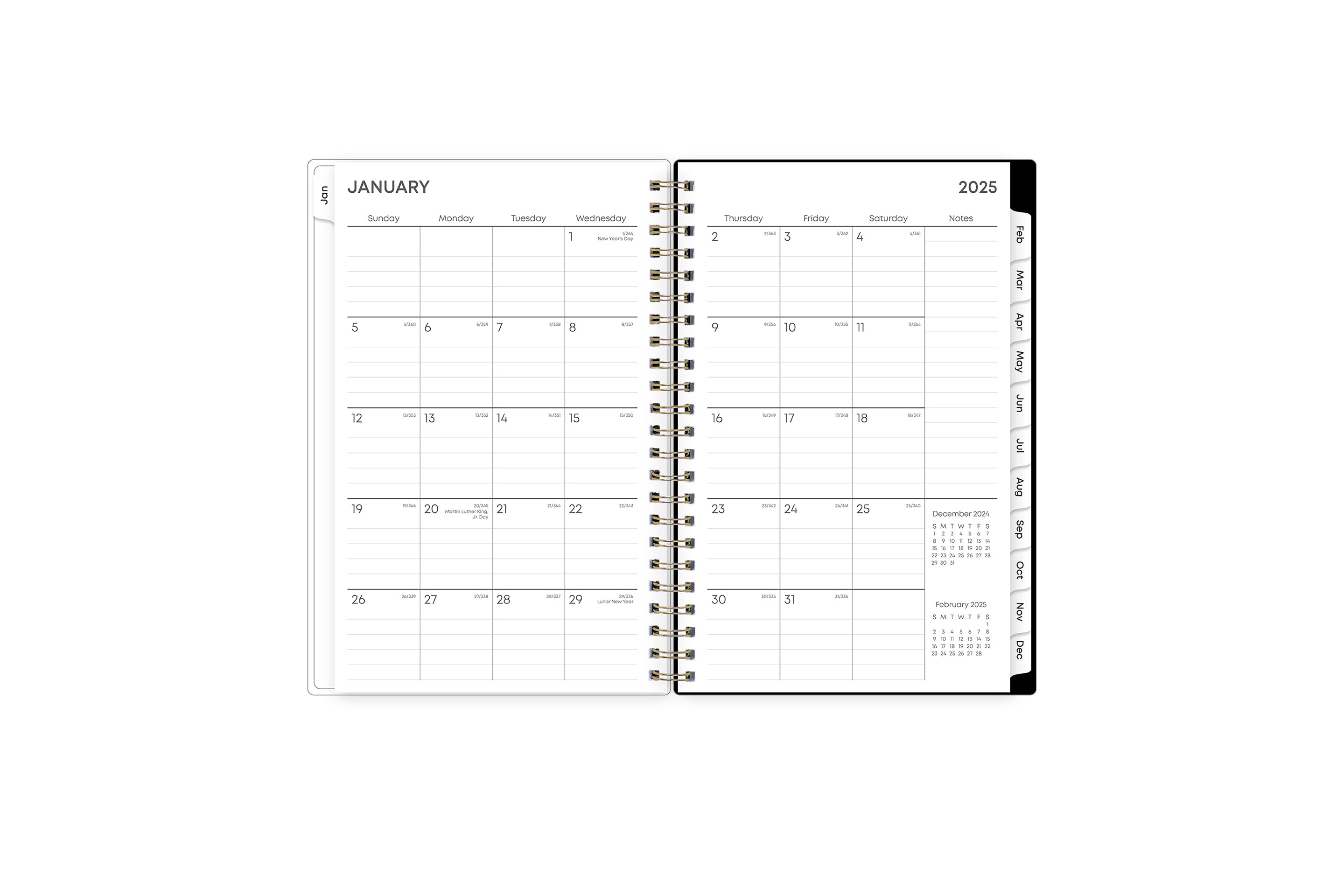 2025 weekly monthly planner featuring a monthly view with lined writing space for each date, reference calendars, and light blue monthly tabs