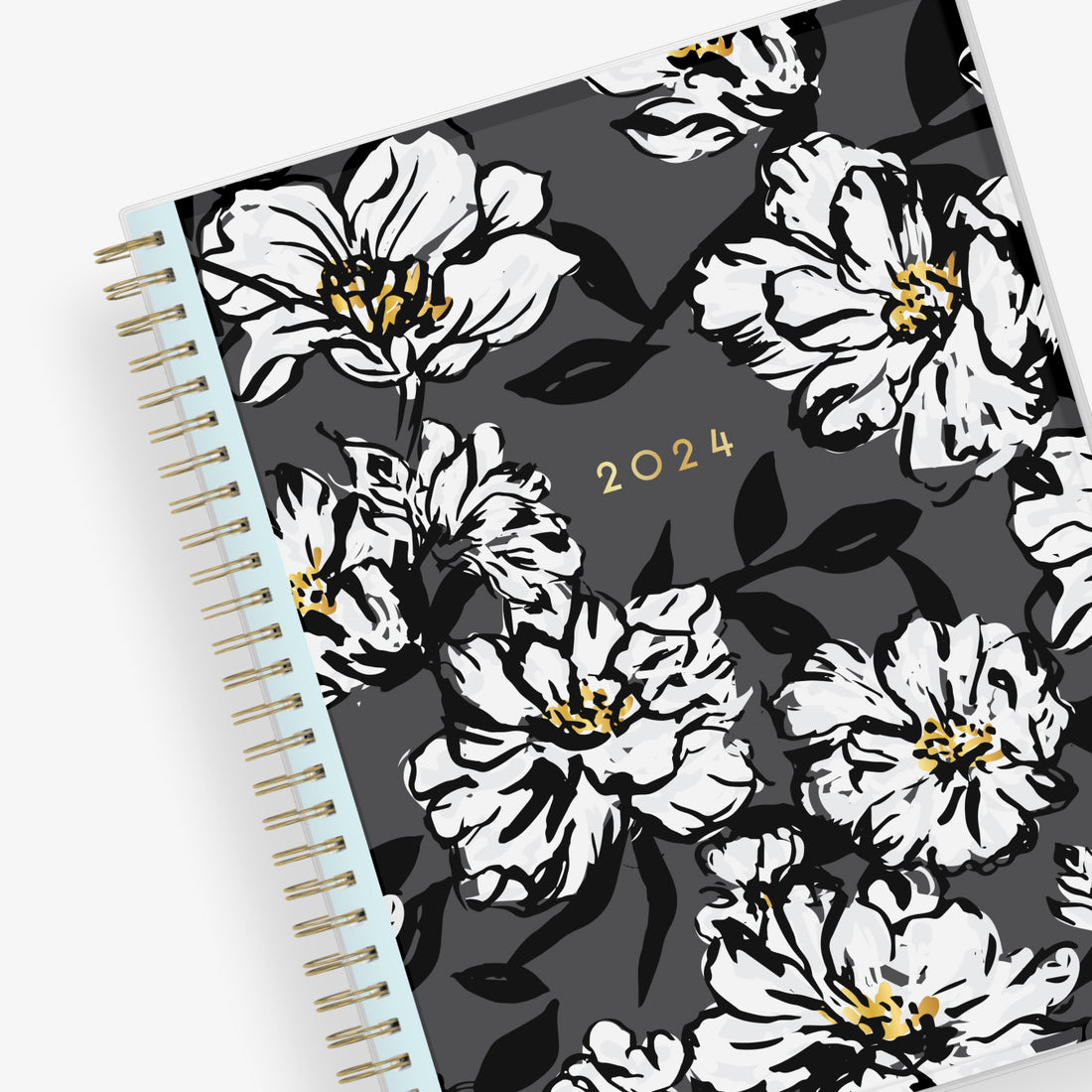 Plan way with this January 2024 - December 2024 monthly planner featuring a floral pattern front cover and gold silver wire-o binding
