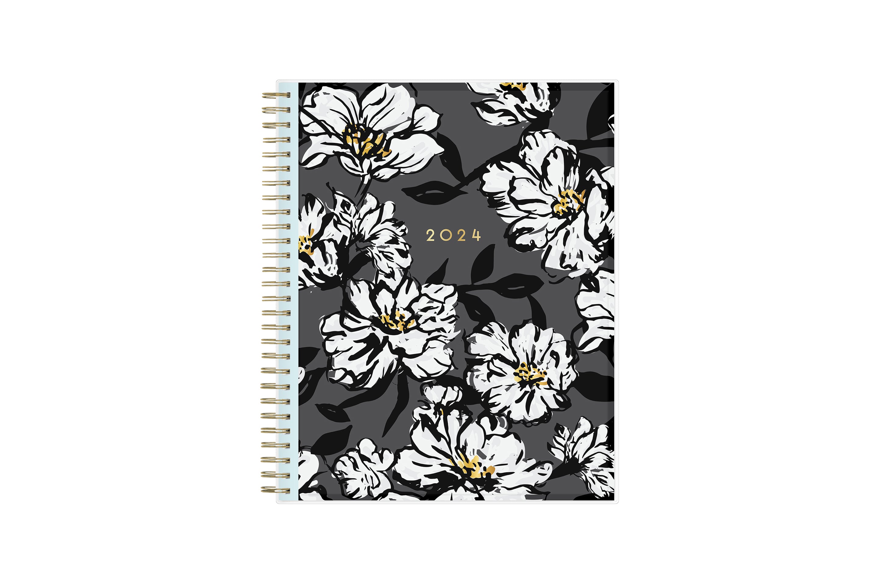 Plan way with this January 2024 - December 2024 monthly planner featuring a floral pattern front cover and gold silver wire-o binding