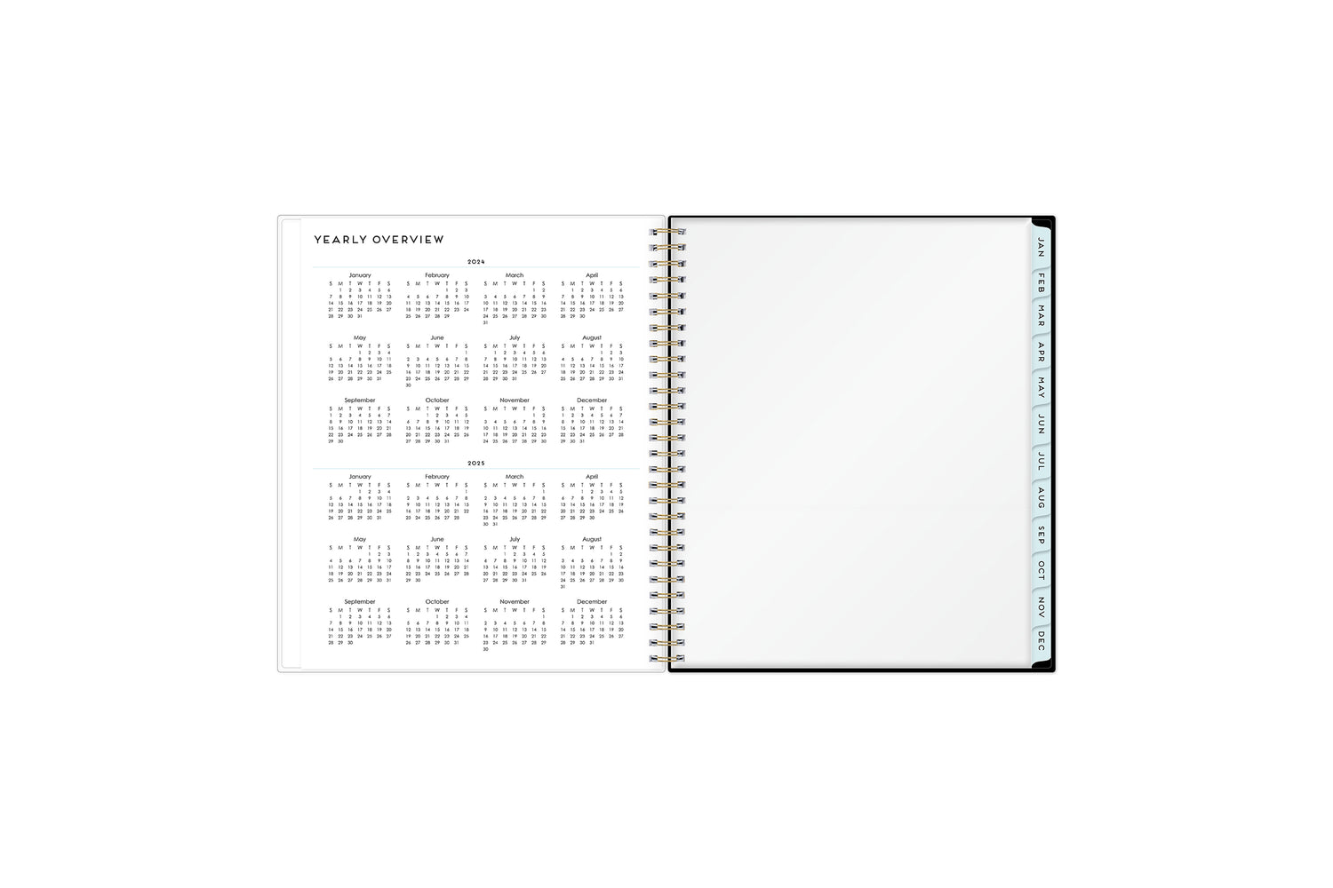 This 8x10 2024 monthly planner featuring a yearly overview for both 2024 and 2025, a yearly goals recap to review end of the year, and contact page.
