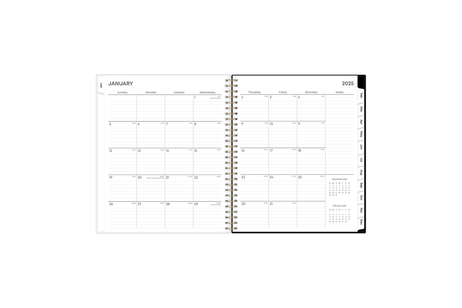 The January 2025 - December 2025 monthly spread features ample lined writing space for each day, lined notes section, reference months, and monthly to easily navigate throughout your planner