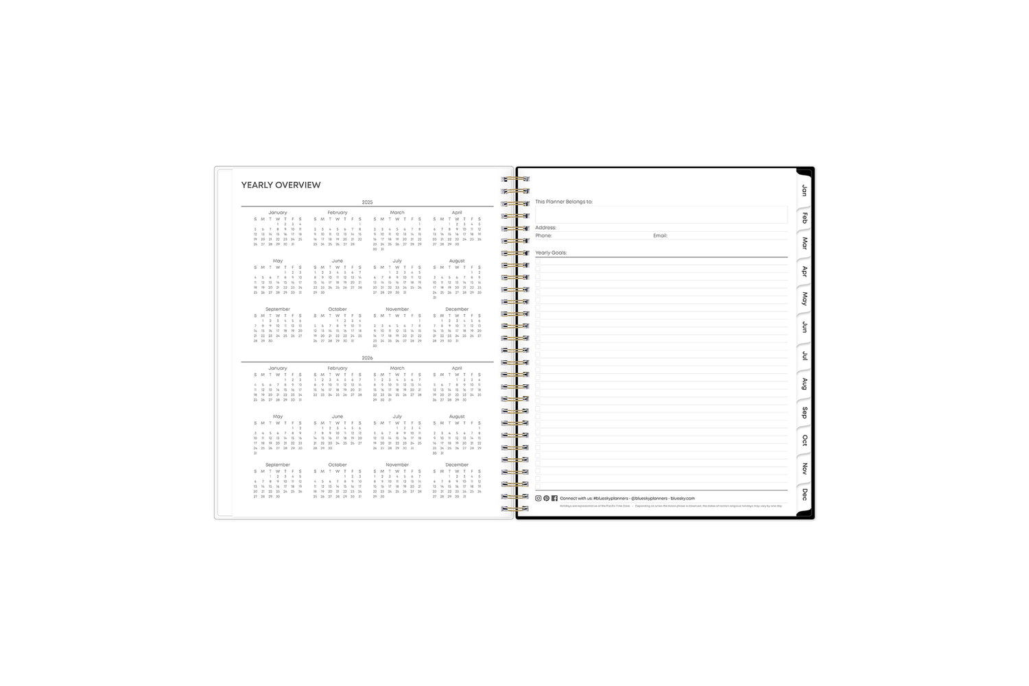 This 8x10 2025 monthly planner featuring a yearly overview for both 2025 and 2026, a yearly goals recap to review end of the year, and contact page.