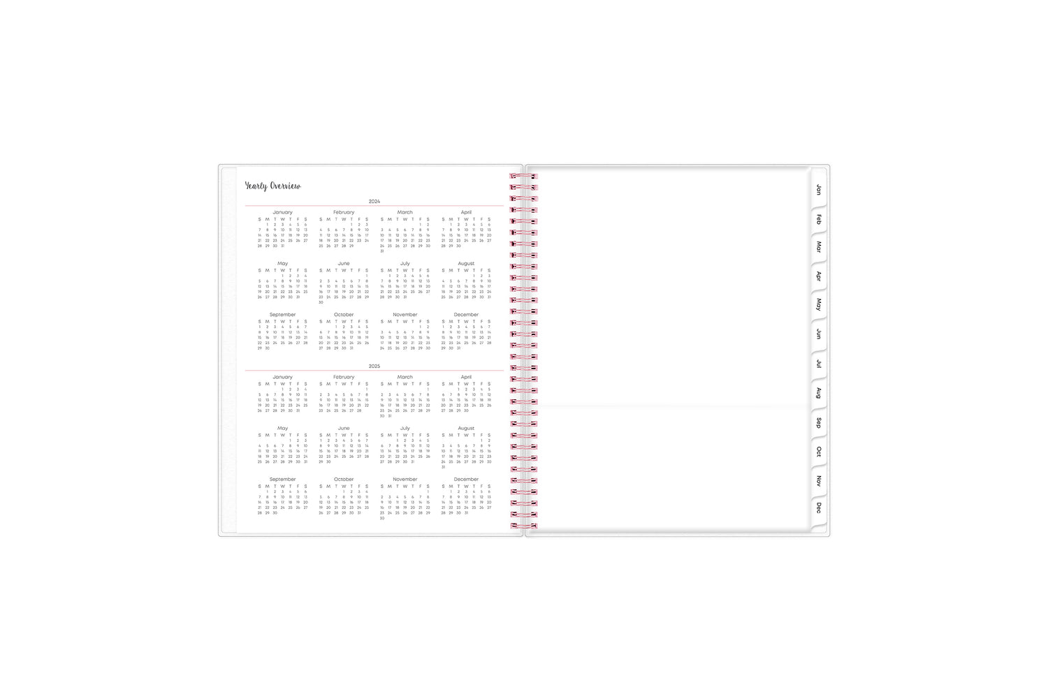 This 8.5x11 2024 weekly monthly planner featuring a yearly overview for both 2023 and 2023, a yearly goals recap to review end of the year, and contact page.