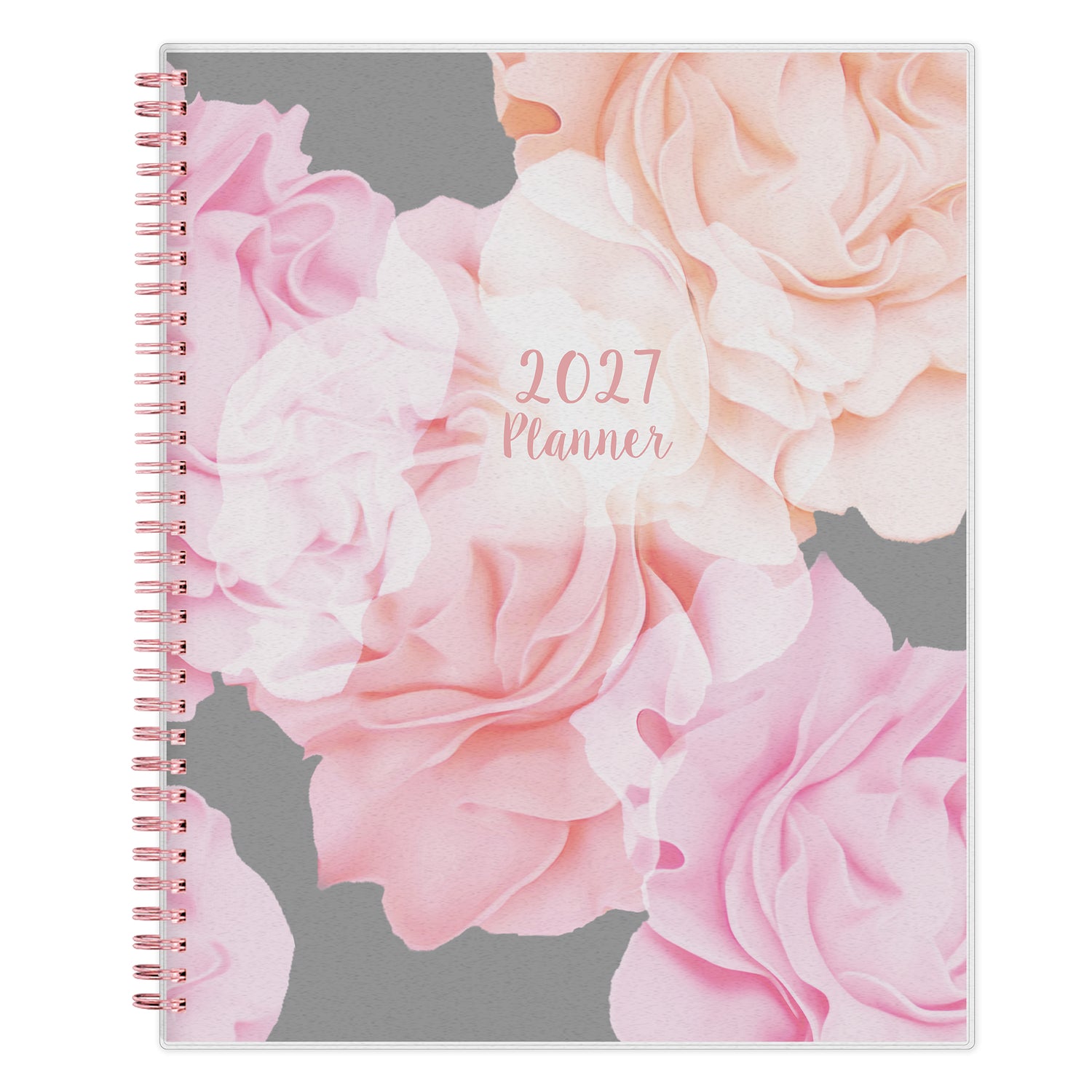 2027 planner with pink and white floral design on a gray background