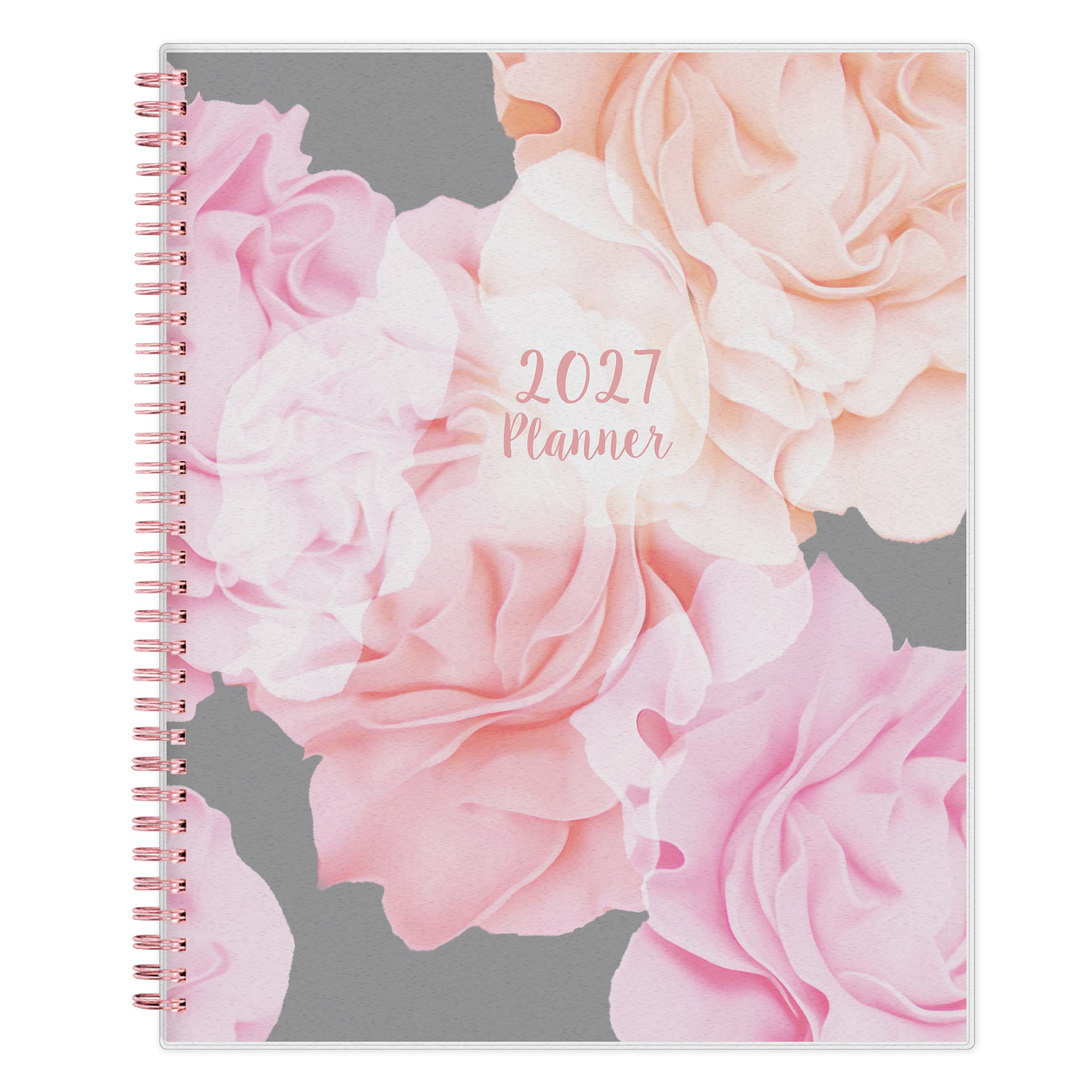 2027 planner with pink and white floral design on a gray background