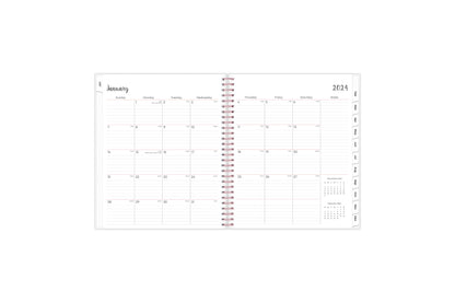 The January 2024 - December 2024 monthly spread features ample lined writing space for each day, lined notes section, reference months, and monthly to easily navigate throughout your planner