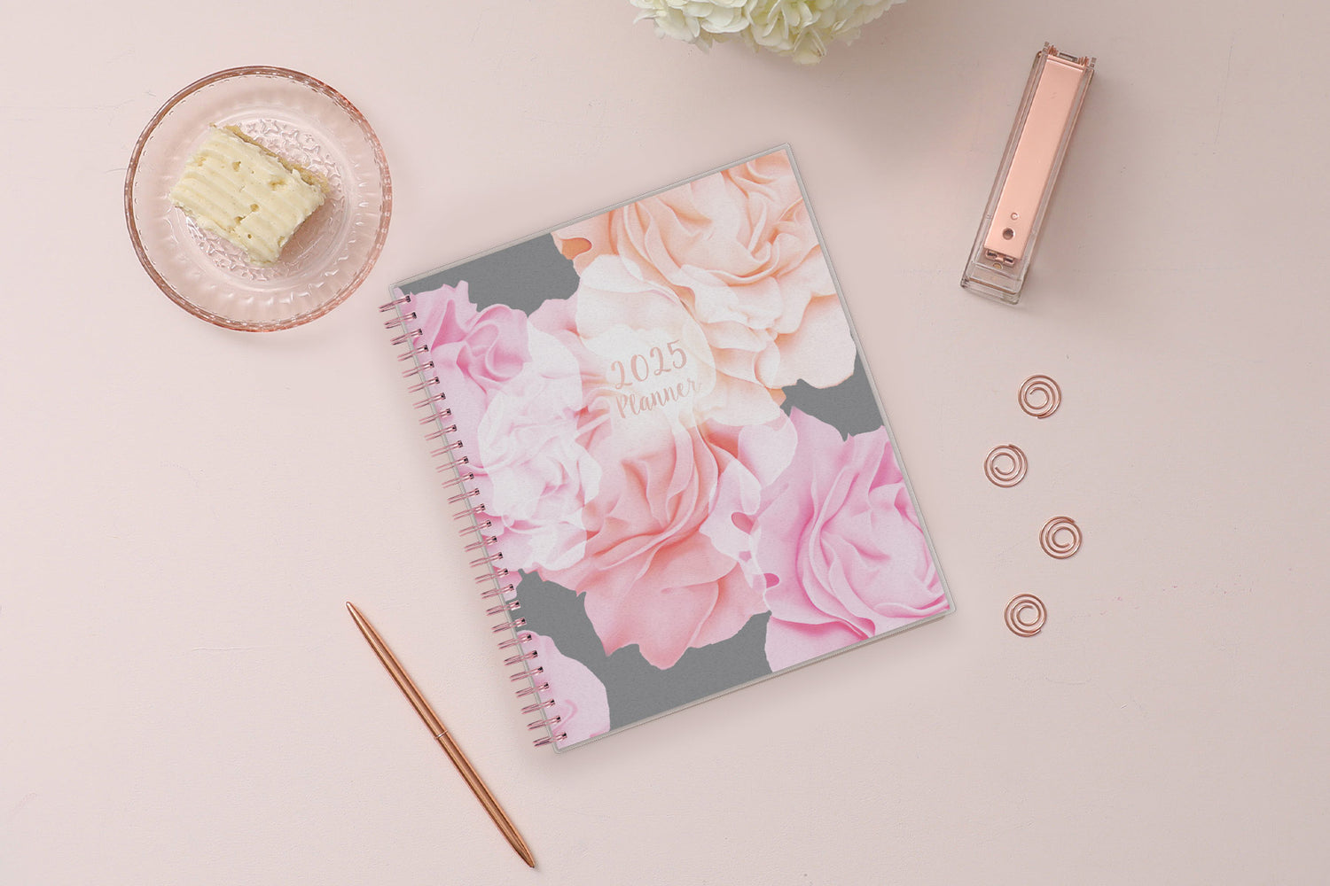 January 2025 - December 2025 monthly planner from Blue Sky features beautiful floral cover design with twin rose gold binding