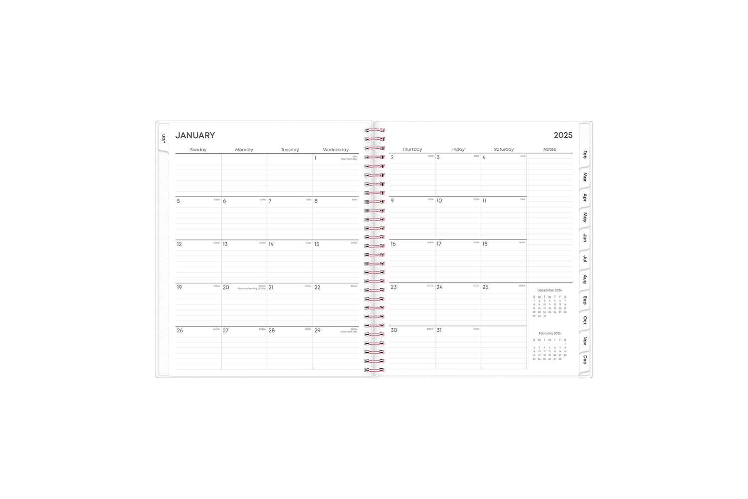 The January 2025 - December 2025 monthly spread features ample lined writing space for each day, lined notes section, reference months, and monthly to easily navigate throughout your planner