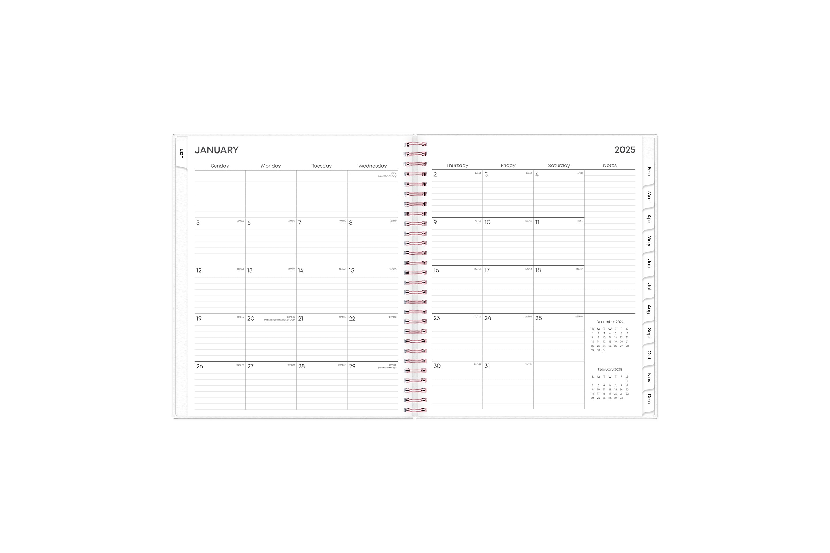 The January 2025 - December 2025 monthly spread features ample lined writing space for each day, lined notes section, reference months, and monthly to easily navigate throughout your planner
