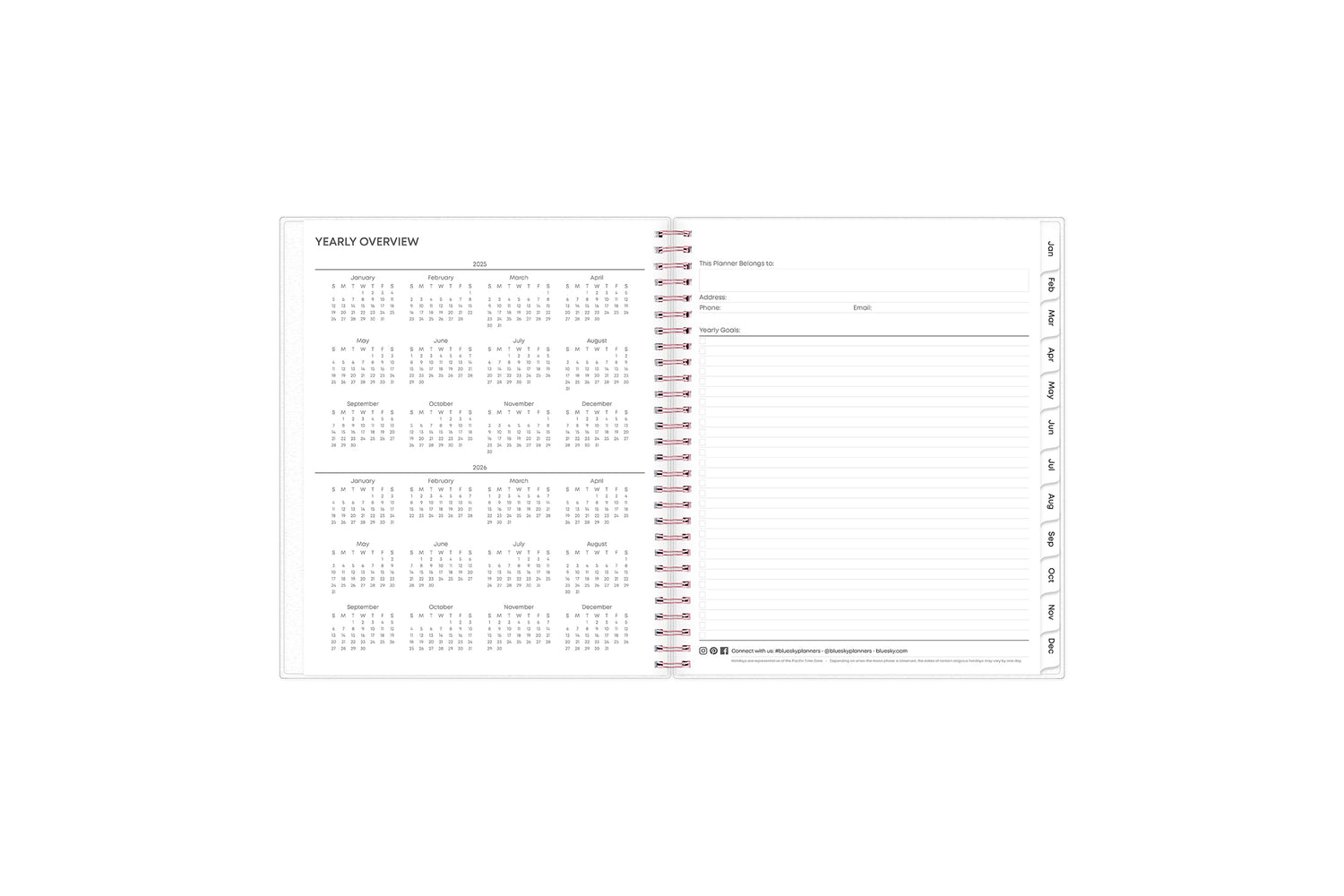 This 5x8 2025 weekly monthly planner featuring a yearly overview for both 2025 and 2026, a yearly goals recap to review end of the year, and contact page.
