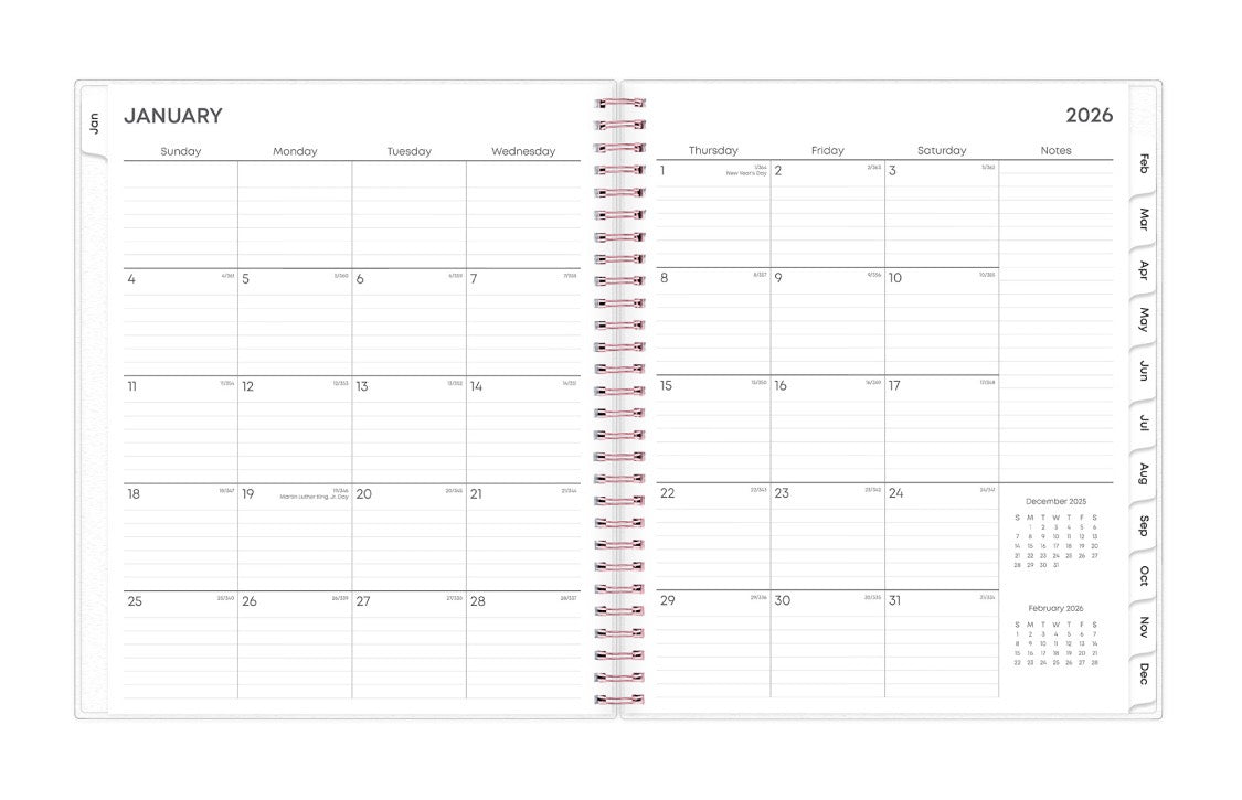 The January 2026 - December 2026 monthly spread features ample lined writing space for each day, lined notes section, reference months, and monthly to easily navigate throughout your planner