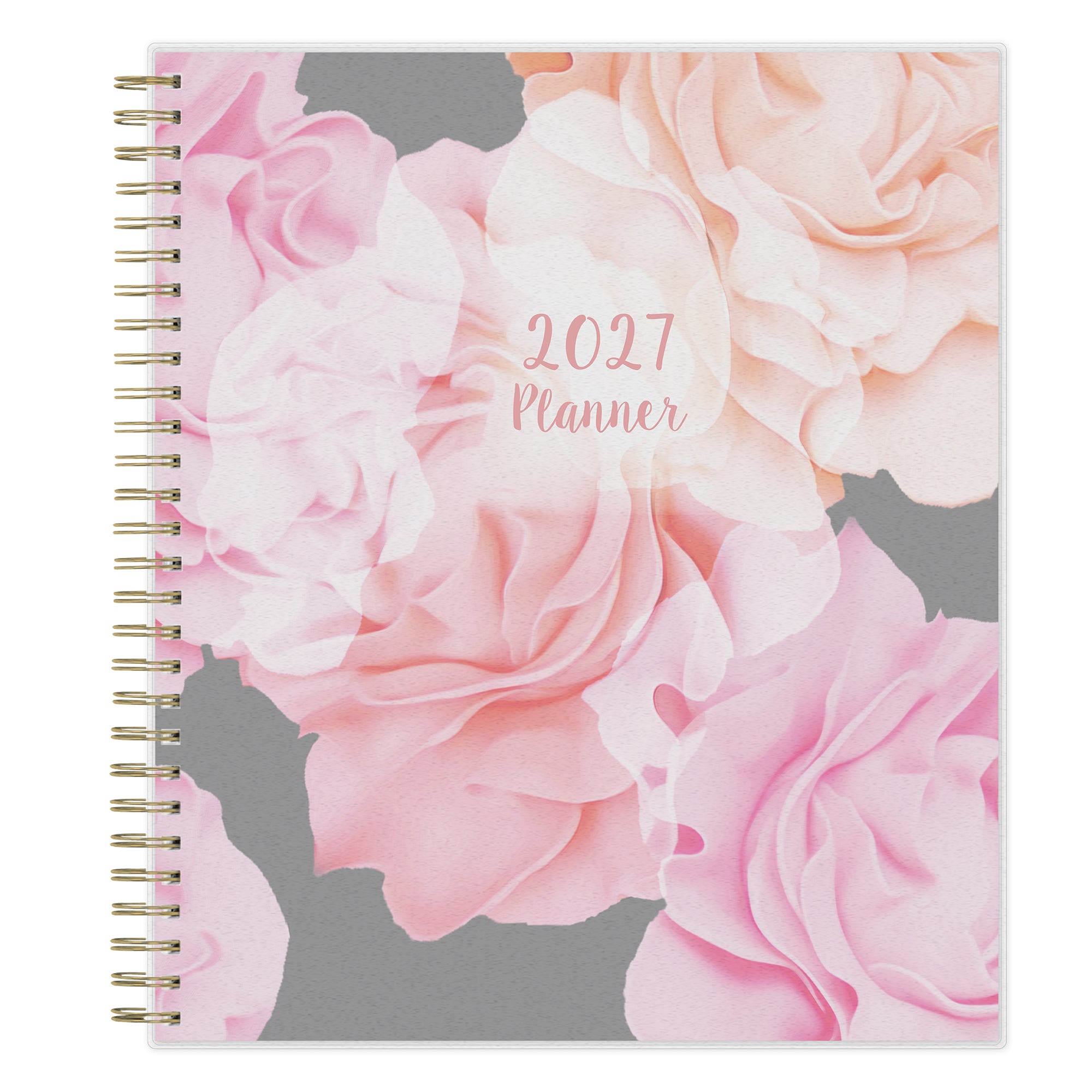 2027 planner with pink and white floral design on a gray background