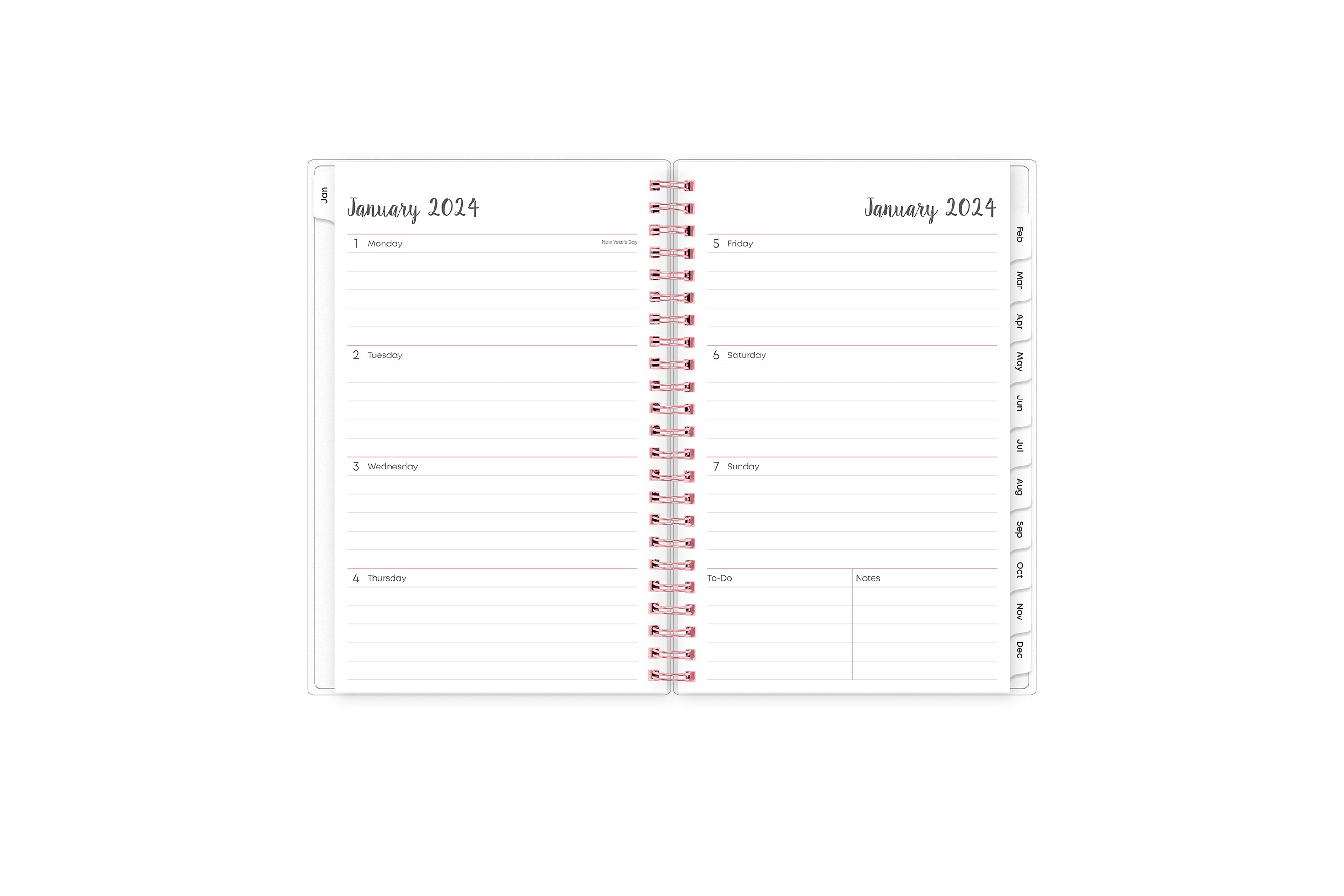 This January 2024 - December 2024 weekly monthly planner features a weekly spread with ample lined writing space for each day, notes section, to -do list, and monthly tabs for easy navigating in a 5x8 planner size