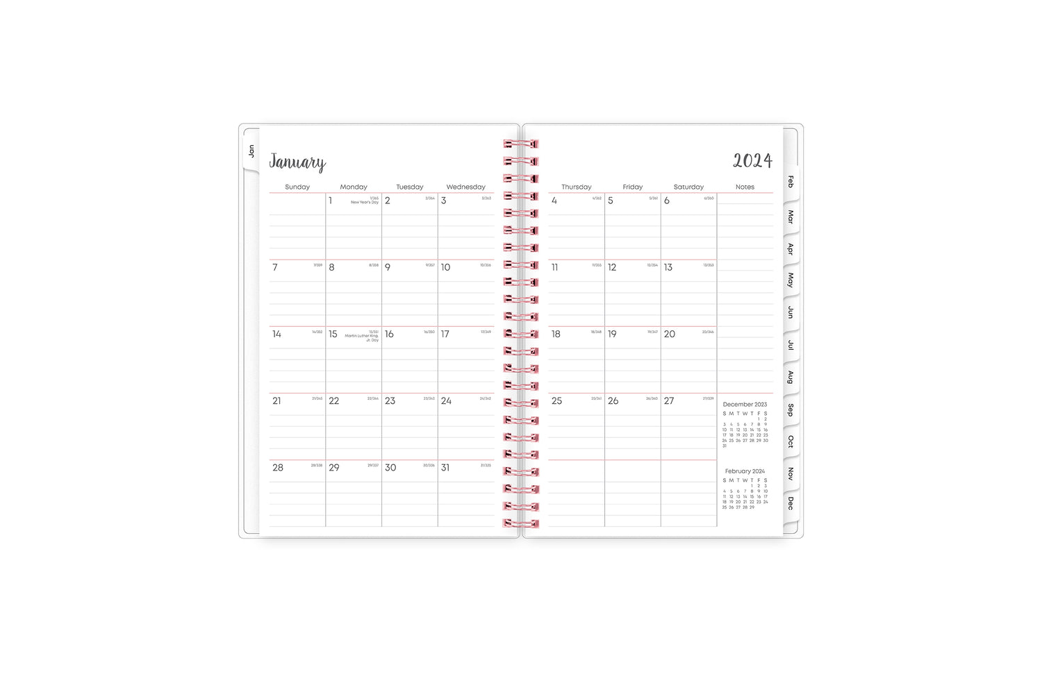 This January 2024 - December 2024 weekly monthly planner features a monthly spread with blank writing space for each day, lined notes section, reference calendars, and monthly tabs for easy navigating all in a 5x8 planner size