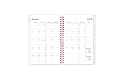 This January 2024 - December 2024 weekly monthly planner features a monthly spread with blank writing space for each day, lined notes section, reference calendars, and monthly tabs for easy navigating all in a 5x8 planner size