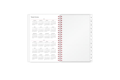 This 5x8 2024 weekly monthly planner featuring a yearly overview for both 2024 and 2025, a yearly goals recap to review end of the year, and contact page.