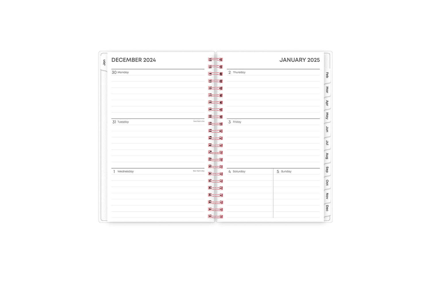 This January 2025 - December 2025 weekly monthly planner features a weekly spread with ample lined writing space for each day, notes section, to -do list, and monthly tabs for easy navigating in a 5x8 planner size