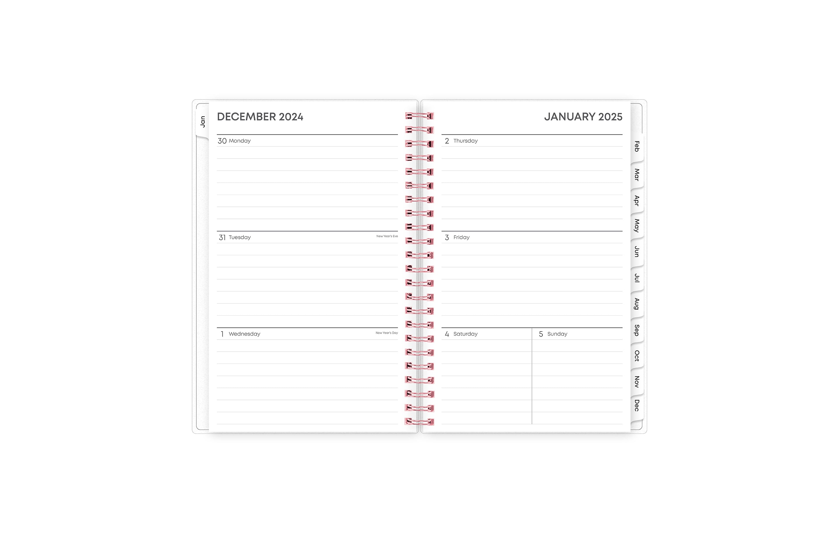 This January 2025 - December 2025 weekly monthly planner features a weekly spread with ample lined writing space for each day, notes section, to -do list, and monthly tabs for easy navigating in a 5x8 planner size