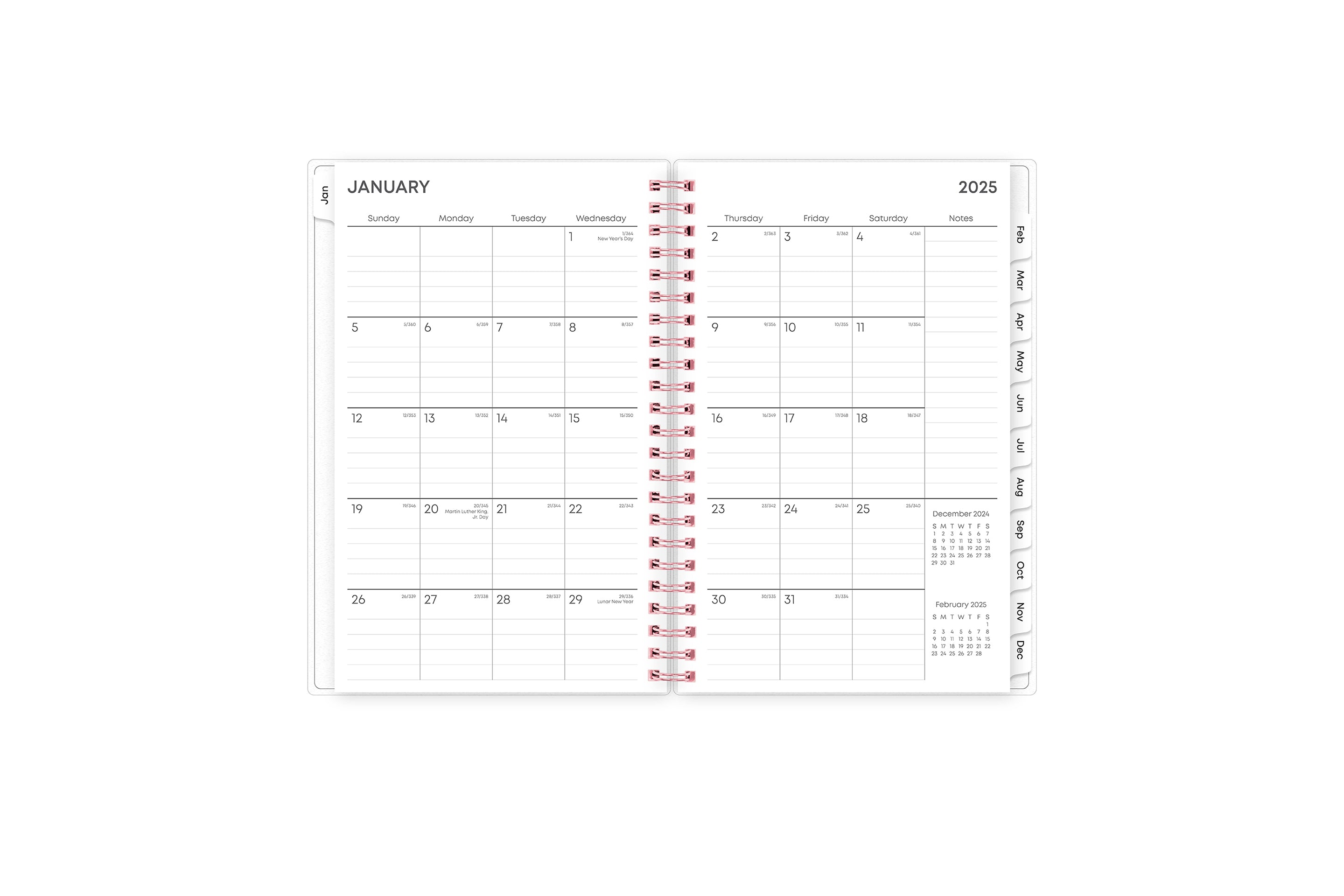 This January 2025 - December 2025 weekly monthly planner features a monthly spread with blank writing space for each day, lined notes section, reference calendars, and monthly tabs for easy navigating all in a 5x8 planner size