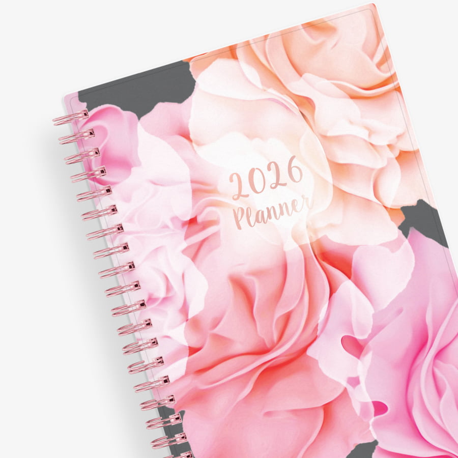 Take planning to the next level with this 2026 weekly monthly planner from Blue Sky featuring a cover with beautiful roses in shades of pink, rose gold twin wire-o binding in 5x8 planner size, and flexible front cover.