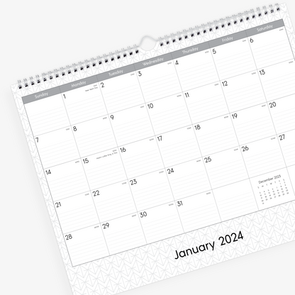 Experience this January 2024 - December 2024 clean geometric monthly wall calendar featuring reference months and ample lined writing space for each day
