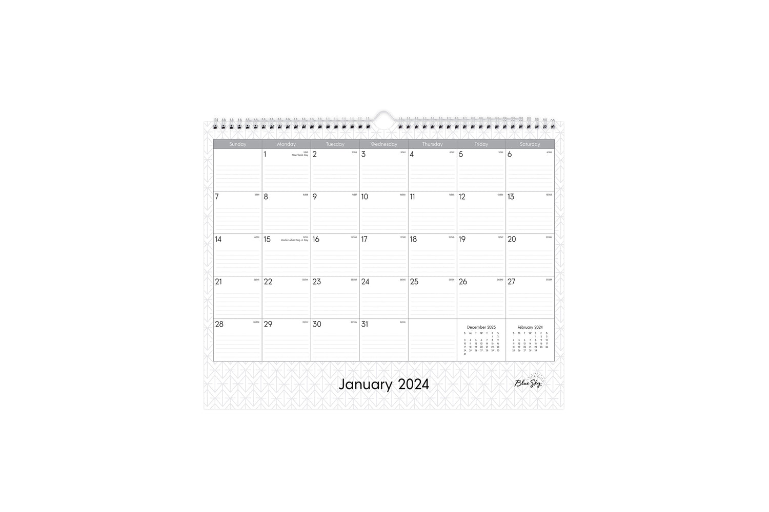 Experience this January 2024 - December 2024 clean geometric monthly wall calendar featuring reference months and ample lined writing space for each day