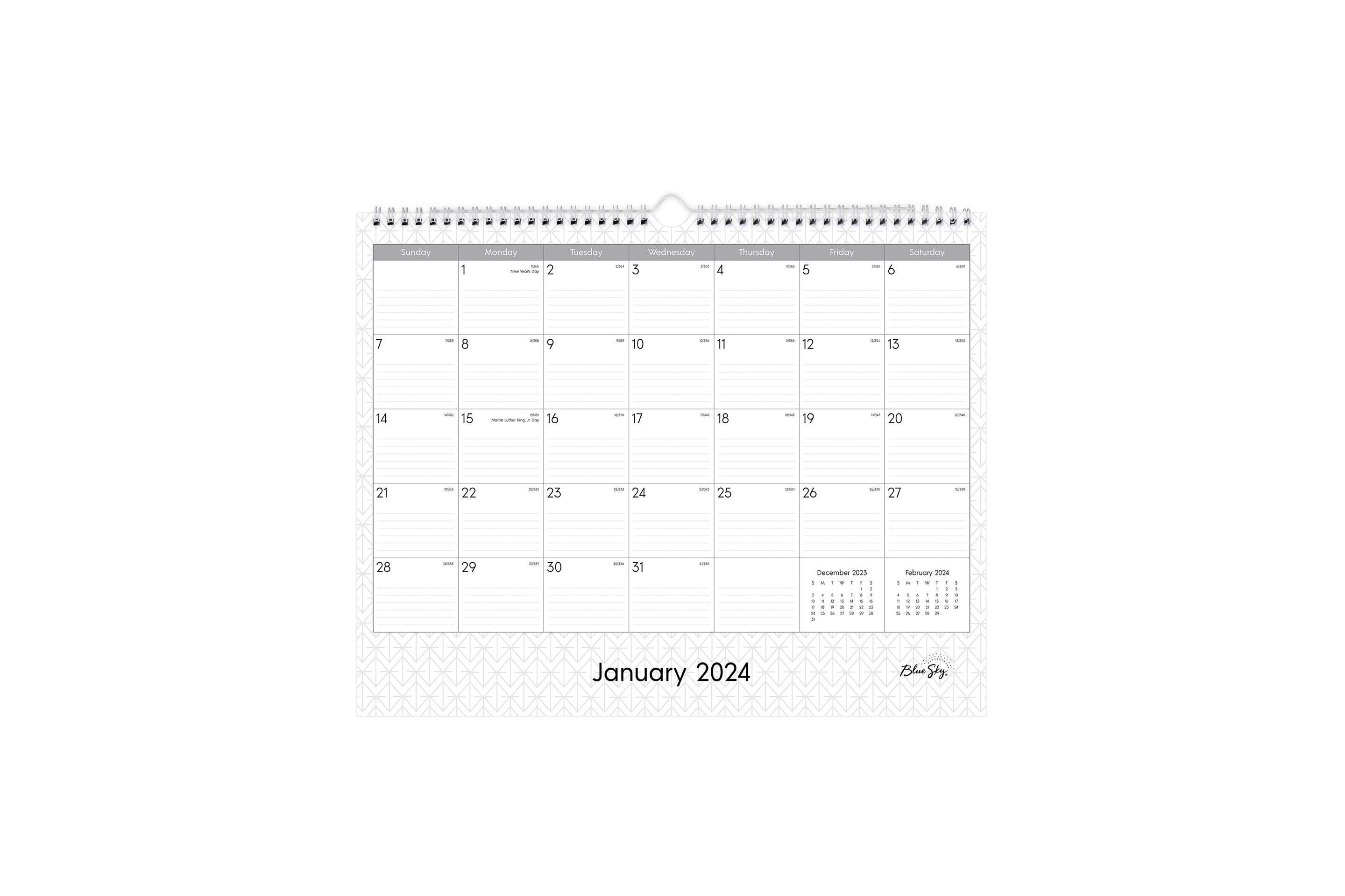 Experience this January 2024 - December 2024 clean geometric monthly wall calendar featuring reference months and ample lined writing space for each day