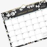 11x8.75 wall calendar for 2023 in baccara dark design featuring gold accents for months and days, black/grey background and white florals