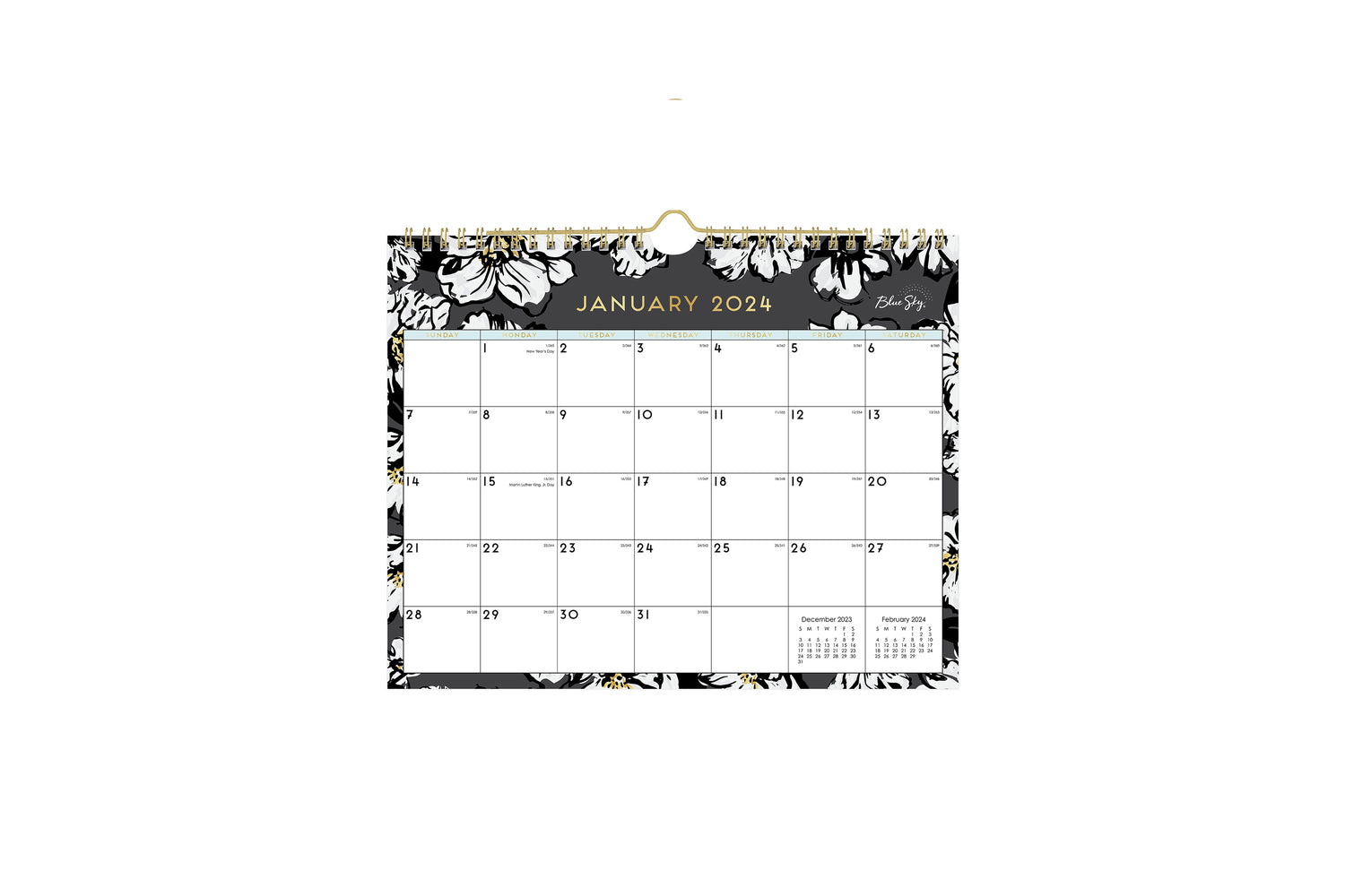 11x8.75 wall calendar for 2023 in baccara dark design featuring gold accents for months and days, black/grey background and white florals