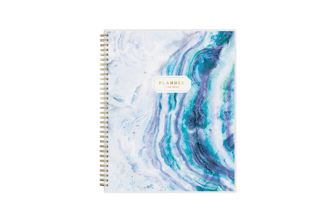 weekly monthly academic planner featuring a geo crystal front cover with gold twin wire-o binding in 8.5 x 11 planner size