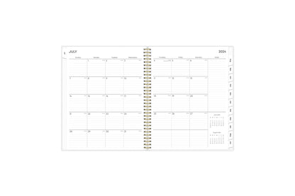 weekly monthly planner features a weekly spread with clean, lined writing space with room for notes, to-do lists, goals, projects, and blue monthly tabs in 8.5x11 page size