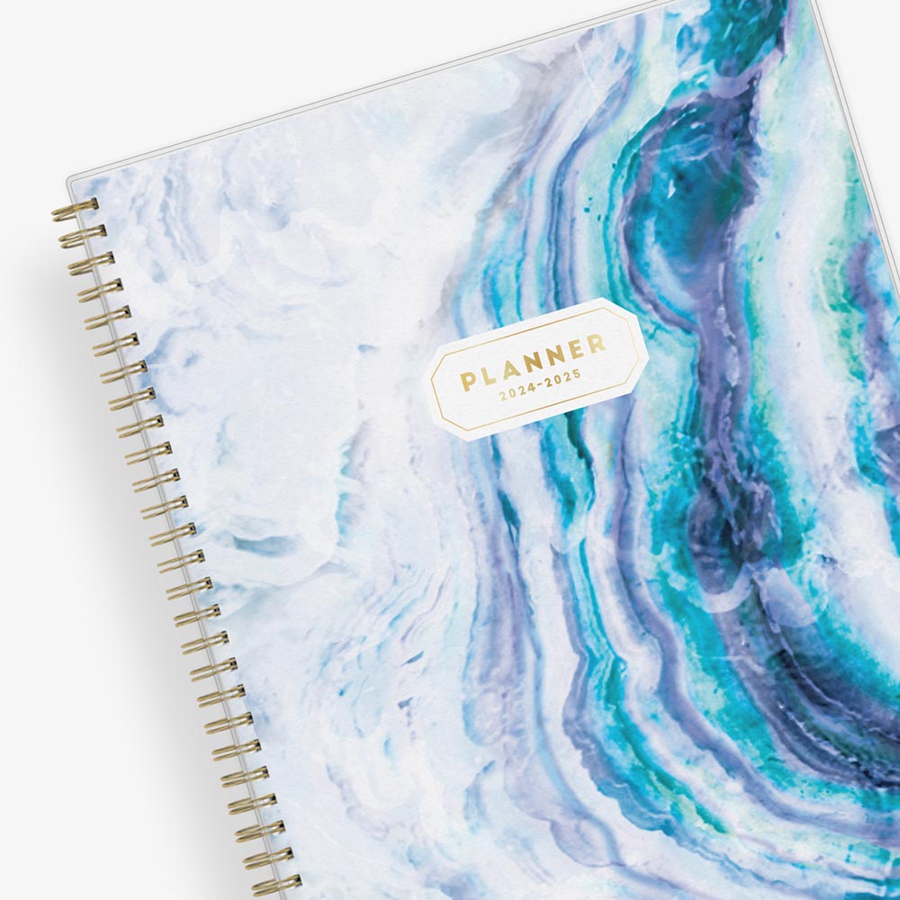 weekly monthly academic planner featuring a geo crystal front cover with gold twin wire-o binding in 8.5 x 11 planner size