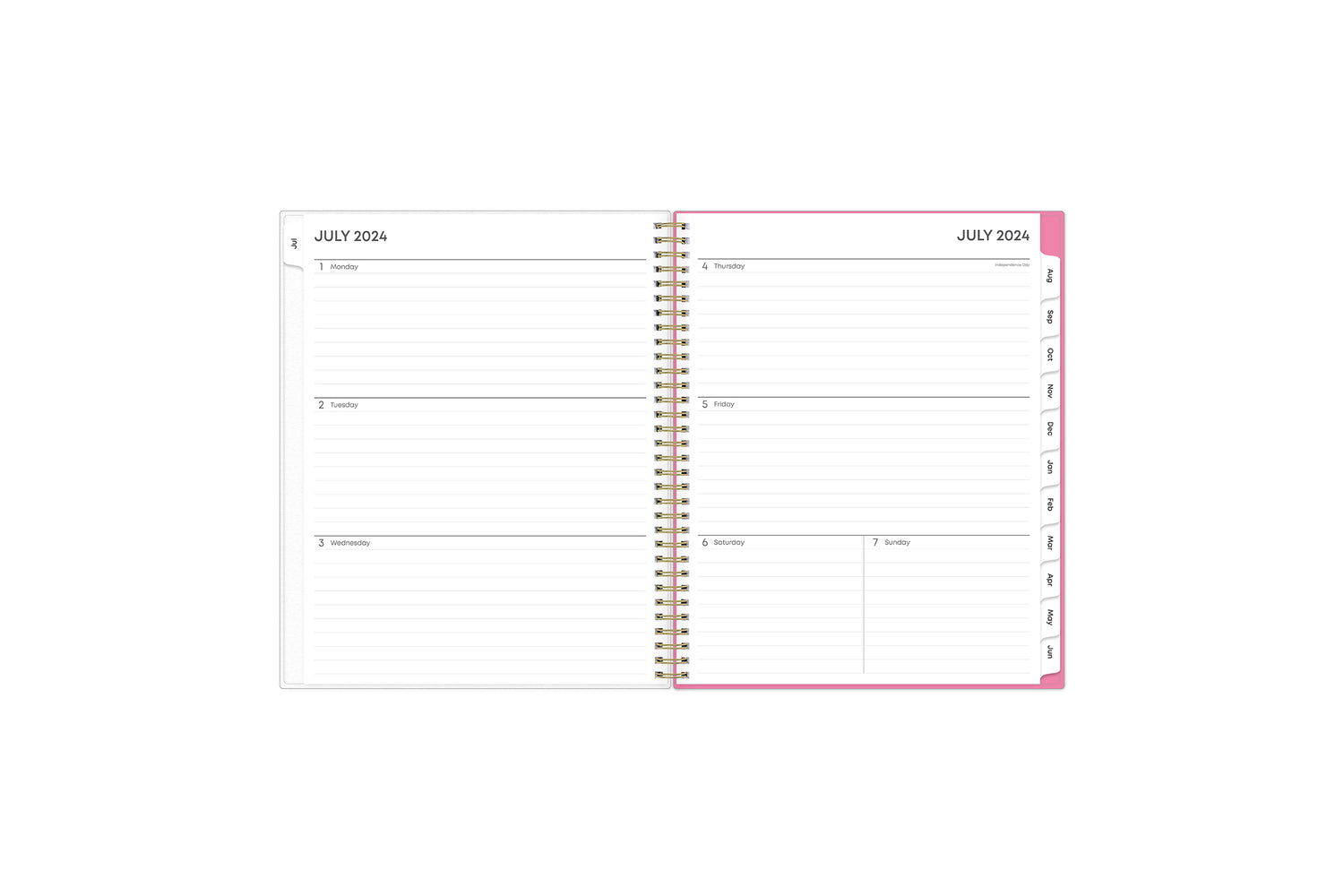 Featuring a weekly spread for this June to July weekly monthly planner are clean, lined writing space with room for notes, to-do lists, goals, projects, and white monthly tabs in 8.5x11 planner