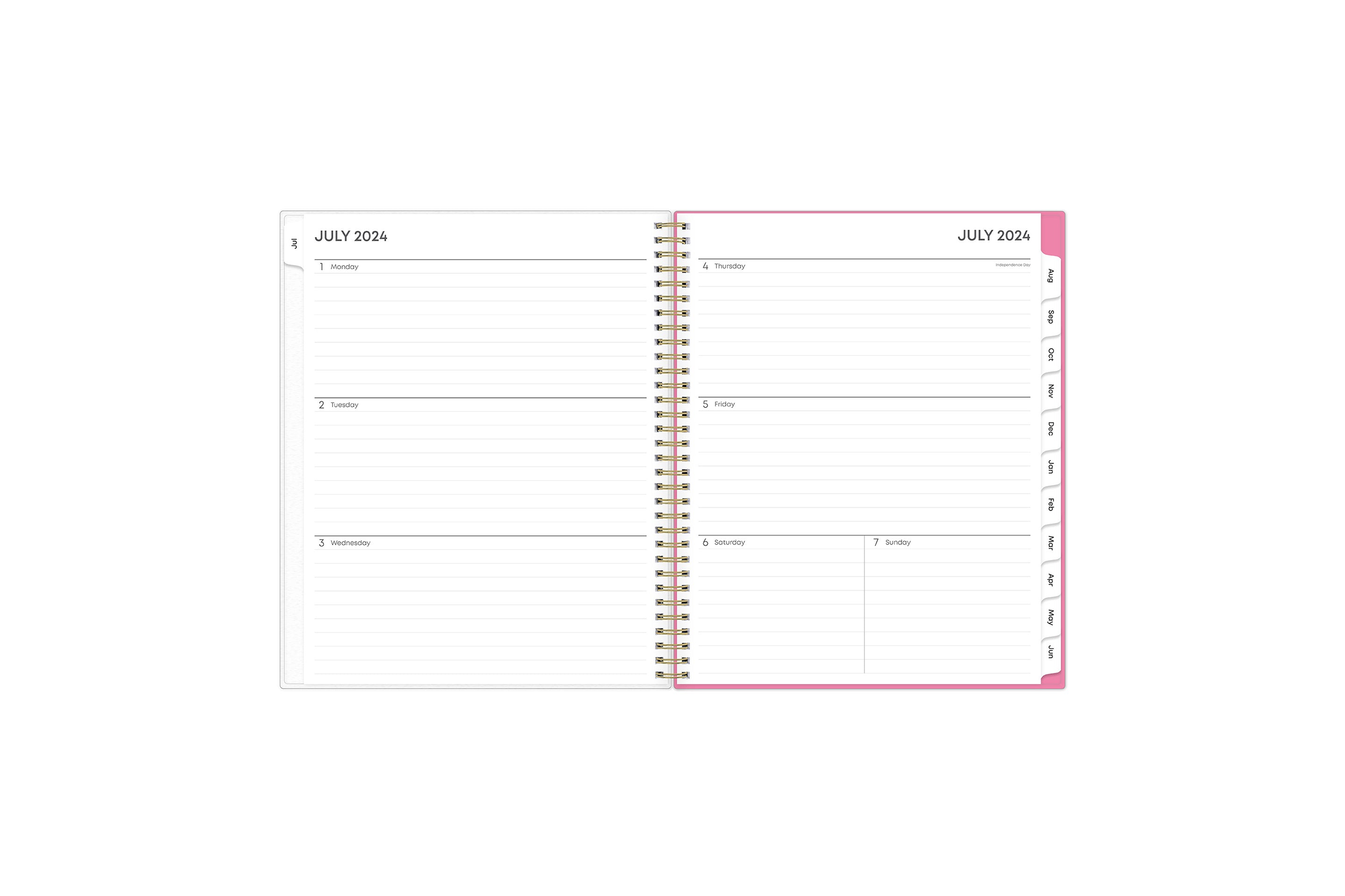 Featuring a weekly spread for this June to July weekly monthly planner are clean, lined writing space with room for notes, to-do lists, goals, projects, and white monthly tabs in 8.5x11 planner