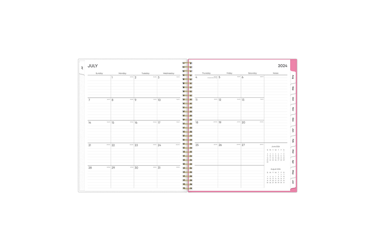 Featuring a monthly spread for this July - June weekly monthly planner are ample lined writing space, notes section, reference calendars, and white monthly tabs in 8.5x11 planner size