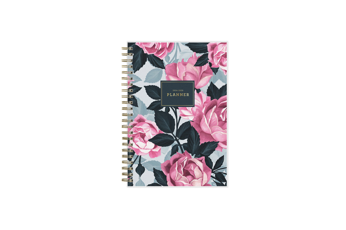 weekly monthly academic planner featuring a pink roses, shaded rose pedals, gold twin wire-o binding, and a compact 5x8 planner size