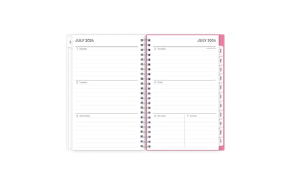 Featuring a weekly spread for this July - June weekly monthly planner are clean, lined writing space with room for notes, to-do lists, goals, projects, and white monthly tabs in 5x8 planner