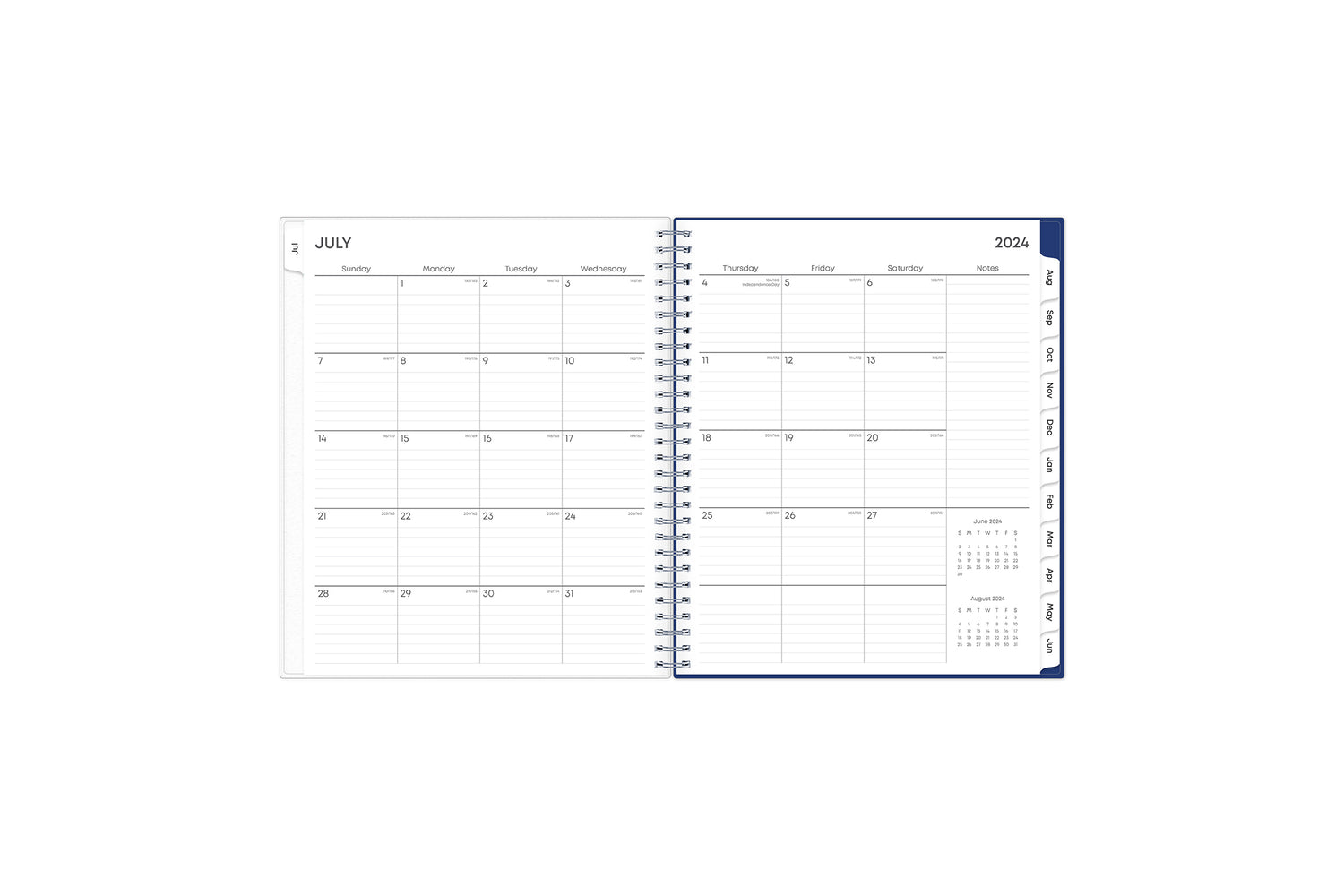 monthly planner features a monthly spread with ample lined writing space, notes section, reference calendars and light blue monthly tabs in 8x10 planner