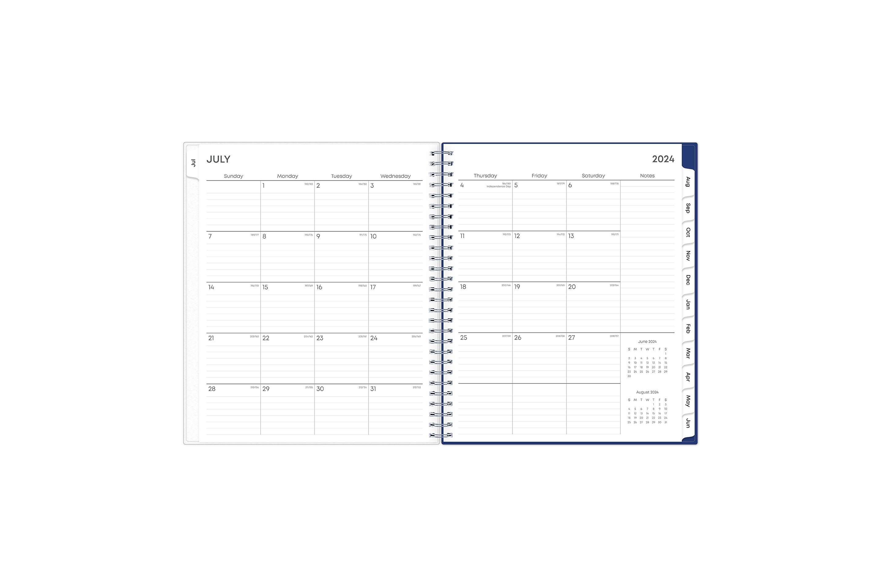 monthly planner features a monthly spread with ample lined writing space, notes section, reference calendars and light blue monthly tabs in 8x10 planner