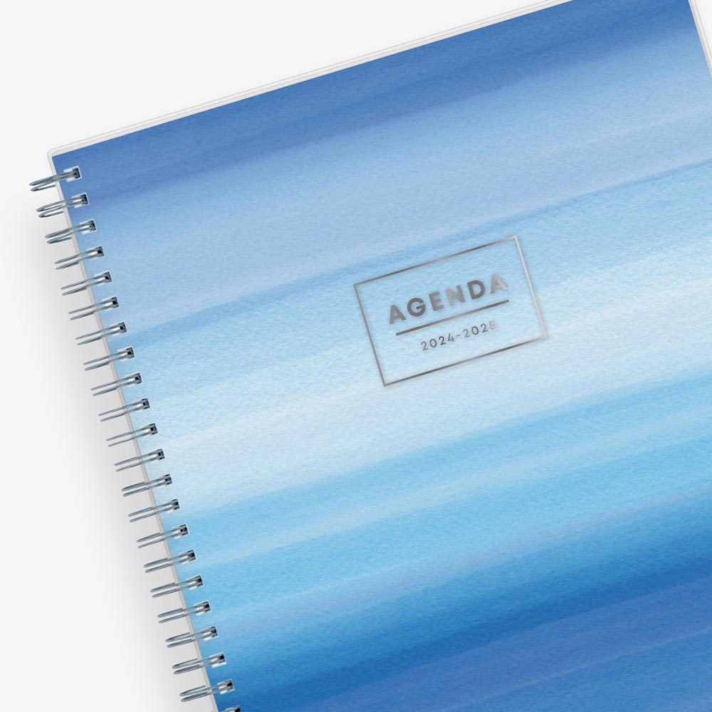 monthly planner featuring an ombre blue cover in 8.5x11 size and silver twin-wire binding 2024-2025 academic calendar