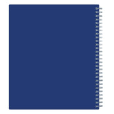 Blue back cover on this monthly planner with a spiral binding on a white background