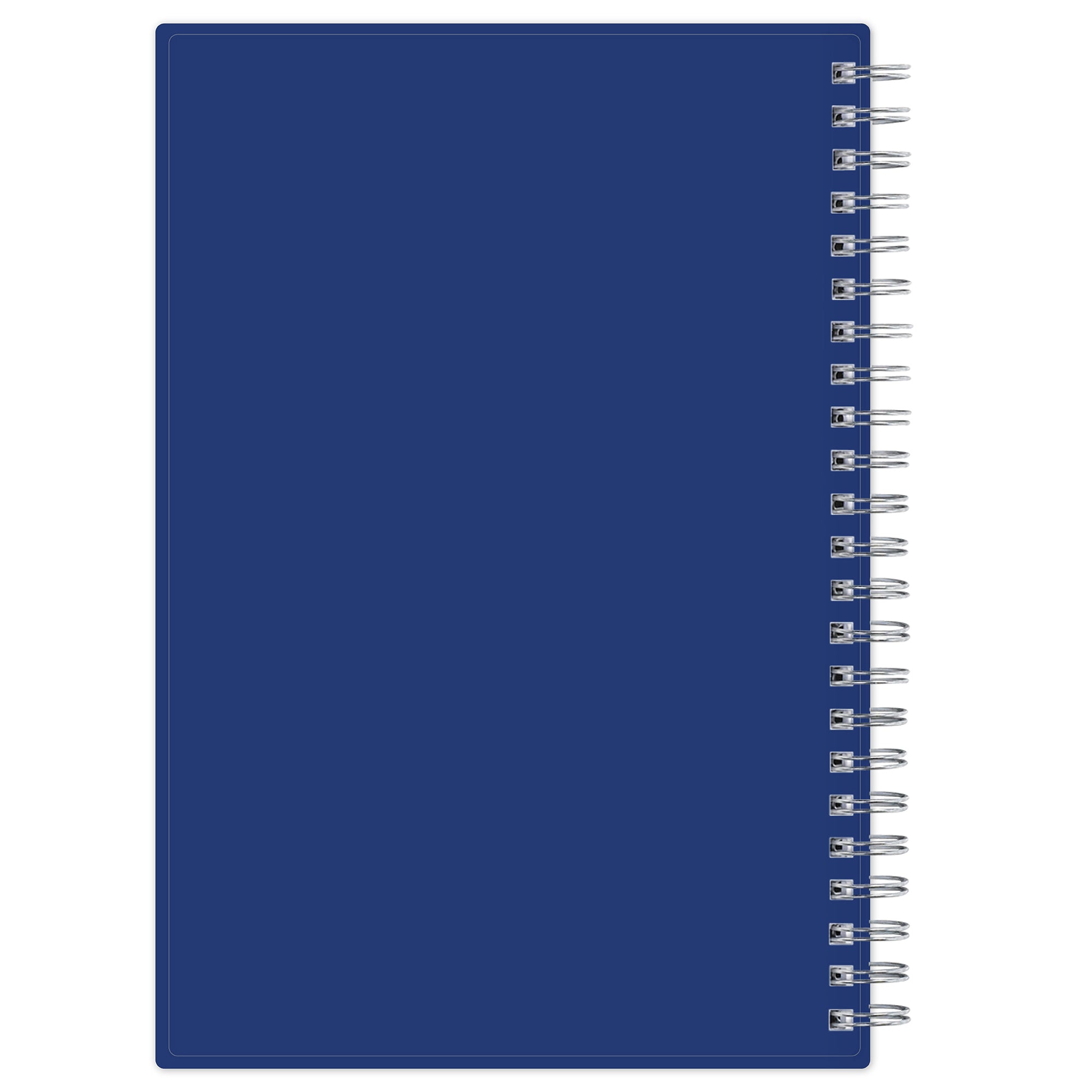 Blue back cover with a spiral binding on a white background